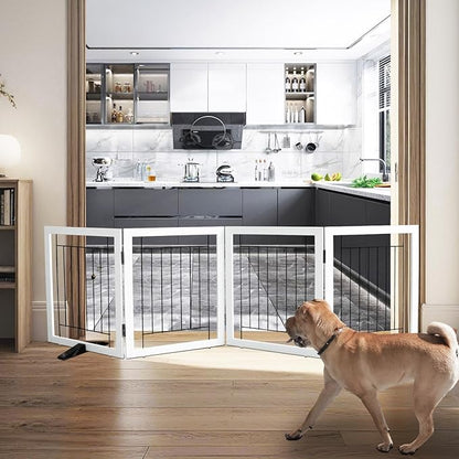 ZJSF Freestanding Dog Gate Indoor, Foldable Dog Fence for Doorways,Hallways or Stairs, Sturdy Wood Extra Wide Pet Gate with Support Feet,White,24 "Height-4 Panels