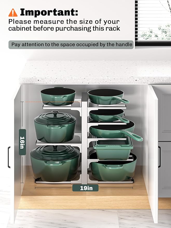 MUDEELA 8-Tier Pots and Pans Organizer for Cabinet, Adjustable Heavy Duty 120LBS Pot and Pan Organizer Rack Under Cabinet, Kitchen Cabinet Storage and Organization Cookware Baking Frying Rack