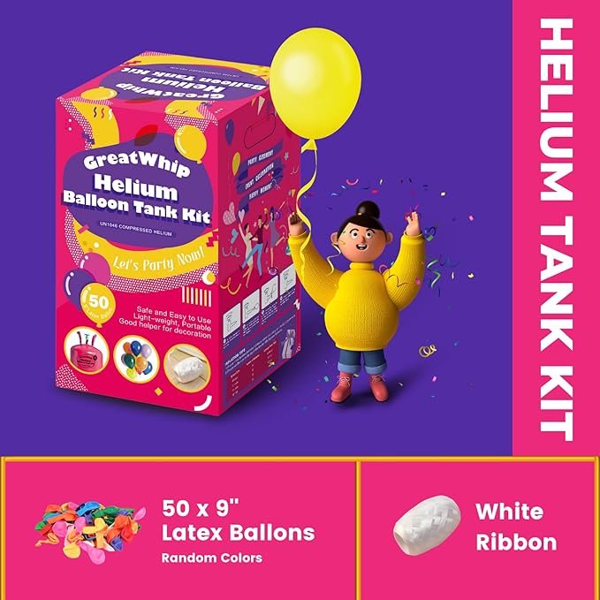 GreatWhip 13L Helium Tank Up To 50 Latex Balloons, 50 Pink Latex Balloons And Ribbons Included. (2 Boxes)