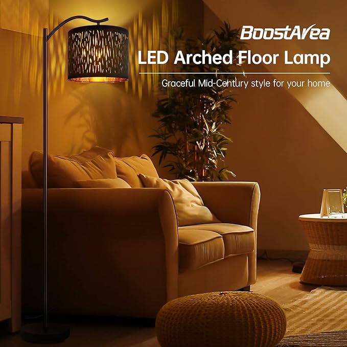 BoostArea Tree Texture Shade Floor Lamp - 8W LED Arched Standing Lamp with Linen Shade, Mid Century Design for Living Room, Bedroom, Office