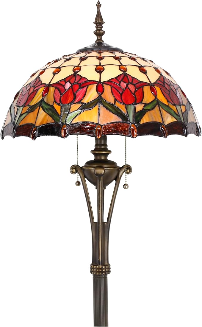 Tiffany Floor Lamp Red Amber Stained Glass Tulip Flower Standing Reading Light 16X16X70 Inches Antique Pole Corner Lamp Decor Bedroom Office Living Room