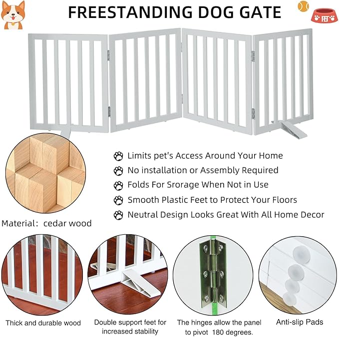 Dog Gate Indoor, Freestanding Dog Fence for The House, Doorways, Hallways,or Stairs,Pet Gate Foldable Wooden,Expandable 32" Height 4 Panels,White