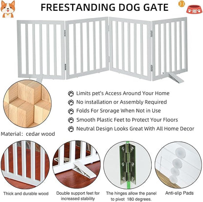 Dog Gate Indoor, Freestanding Dog Fence for The House, Doorways, Hallways,or Stairs,Pet Gate Foldable Wooden,Expandable 32" Height 4 Panels,White