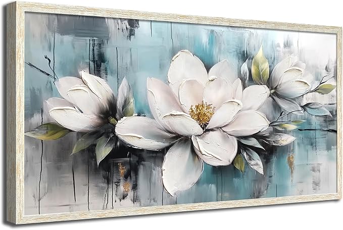 Ardemy Magnolia Wall Art Framed Large Canvas Wall Decor Living Room, White Floral Pictures Wall Decor Teal Paintings FlowerTextured Artwork for Bedroom Dining Room Home Office, 48"x24"