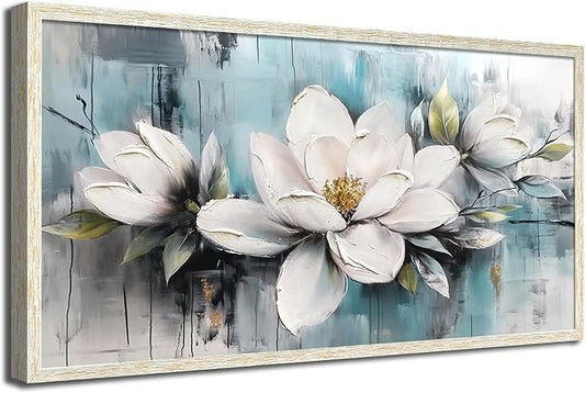 Ardemy Magnolia Wall Art Framed Large Canvas Wall Decor Living Room, White Floral Pictures Wall Decor Teal Paintings FlowerTextured Artwork for Bedroom Dining Room Home Office, 48"x24"