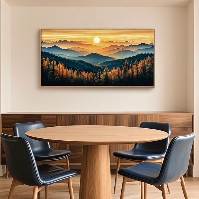Large Abstract Sunrise Mountain Framed Canvas Wall Art,Boho Nature Forest Wall Decor,Foggy Pine Tree Wall Painting,Retro Landscape Artwork for Living Room,Bedroom,Dining Room,Office - 20"x40"x1