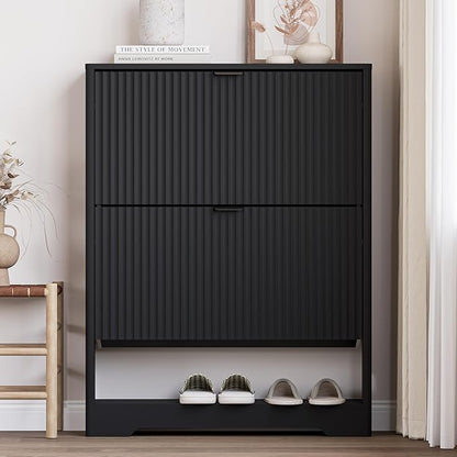 Shoe Cabinet with 2 Flip Drawers, Fluted Shoe Storage Cabinet with Adjustable Shelves, Freestanding Rack and Organizer for Entryway, Closet, Hallway