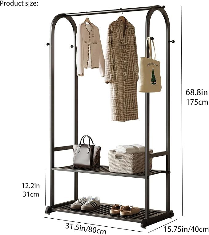 Black Clothing Rack,Heavy duty clothes rack with 2-tier Bottom Shelves, Garment Rack with 6 Side Hooks for Hanging Clothes, Coats, Shirts (black, 31.5in)