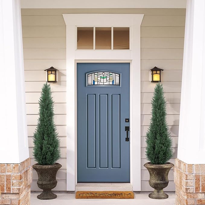5FT Artificial Cedar Trees - Realistic Faux Evergreen Topiary Bushes Plants - Outdoor Potted Fake Cypress Shrubs for Front Porch Garden Home Decor - Set of 2