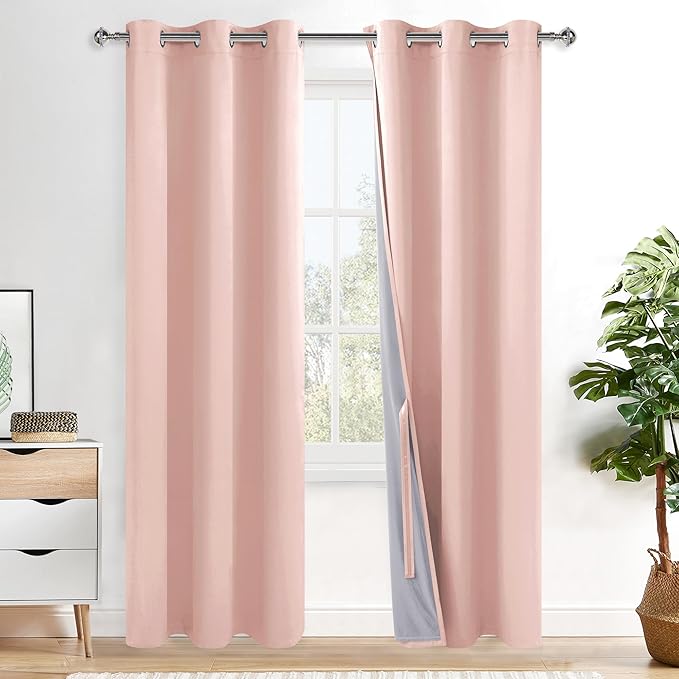 XWZO Total Blackout Curtains 84 Inches Long 2 Panels with Tiebacks - Heat and Full Light Blocking Thermal Insulating Window Panels with Grommets for Bedroom/Nursery, Blush Pink, W42 x L84, Set of 2
