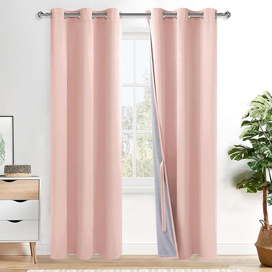 XWZO Total Blackout Curtains 84 Inches Long 2 Panels with Tiebacks - Heat and Full Light Blocking Thermal Insulating Window Panels with Grommets for Bedroom/Nursery, Blush Pink, W42 x L84, Set of 2