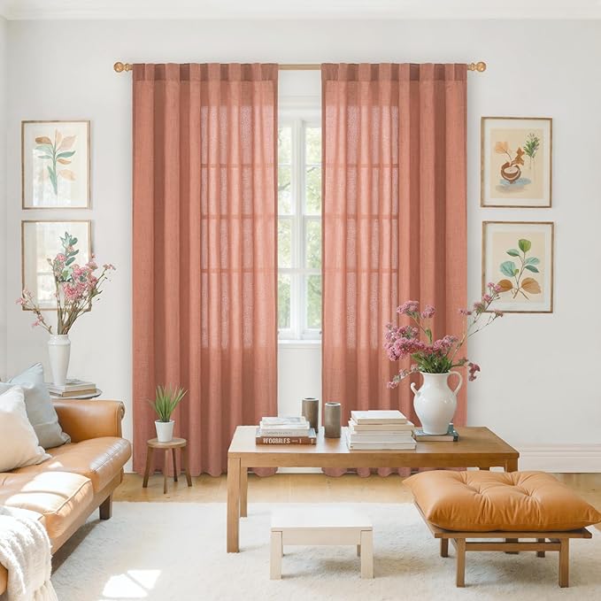 YoungsTex Rust Terracotta Linen Curtains 80 Inch Length, Burnt Orange Semi Sheer Drapes with Rod Pocket Back Tab Light Filtering for Bedroom Living Room Window, 2 Panels, 52 X 80 Inch