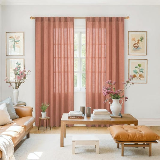 YoungsTex Rust Terracotta Linen Curtains 80 Inch Length, Burnt Orange Semi Sheer Drapes with Rod Pocket Back Tab Light Filtering for Bedroom Living Room Window, 2 Panels, 52 X 80 Inch