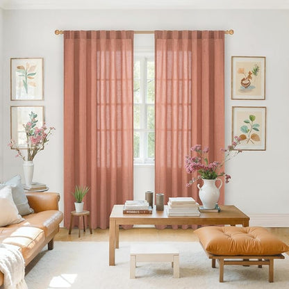 YoungsTex Rust Terracotta Linen Curtains 84 Inch Length, Burnt Orange Semi Sheer Drapes with Rod Pocket Back Tab Light Filtering for Bedroom Living Room Windows, 2 Panels, 52 X 84 Inch