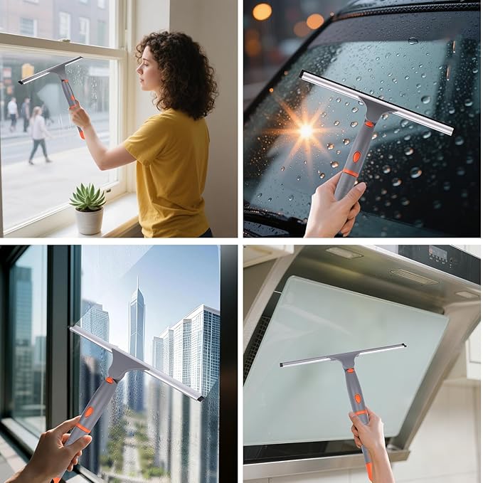 All Purpose 12 inch Shower Squeegee with 2pcs Rubber Wiper Blade BITOPE Window Squeegee Soft Safe to Clean Shower Door Bathroom Car Windshield Glass Mirrors