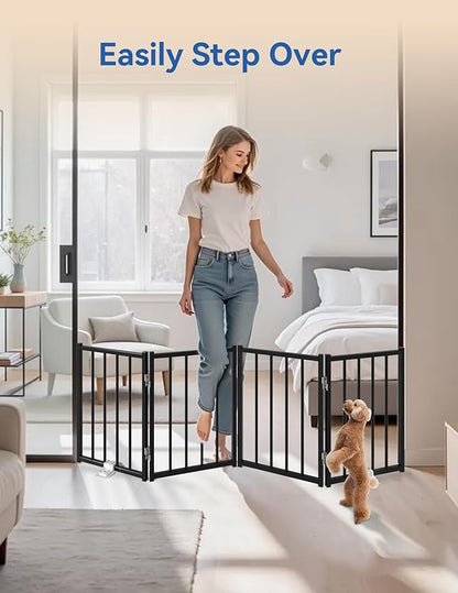 Free Standing Foldable Dog Gate, 16.5" High Step-Over Metal Short Pet Gate, Up to 48" Wide Puppy Fence for Stairs and Doorways, Indoor & Outdoor Use, No Drilling and No Assembly, Black