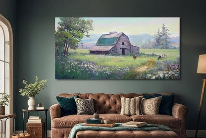 Acocifi Barn Picture Fall Wall Art for Farmhouse, Rustic Landscape Painting Farm Cow Print Textured Artwork Large Framed for Living Room Bedroom Dining Room Kitchen Office Home Decor 48"x24"