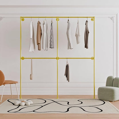 Industrial Pipe Clothing Rack, Heavy Duty Wall Mounted Clothes Rack, Retail Display Hanging Garment Rod for Laundry Rooms Closet Storage, 14.6x75x82.7 Inches, Model K09 Gold