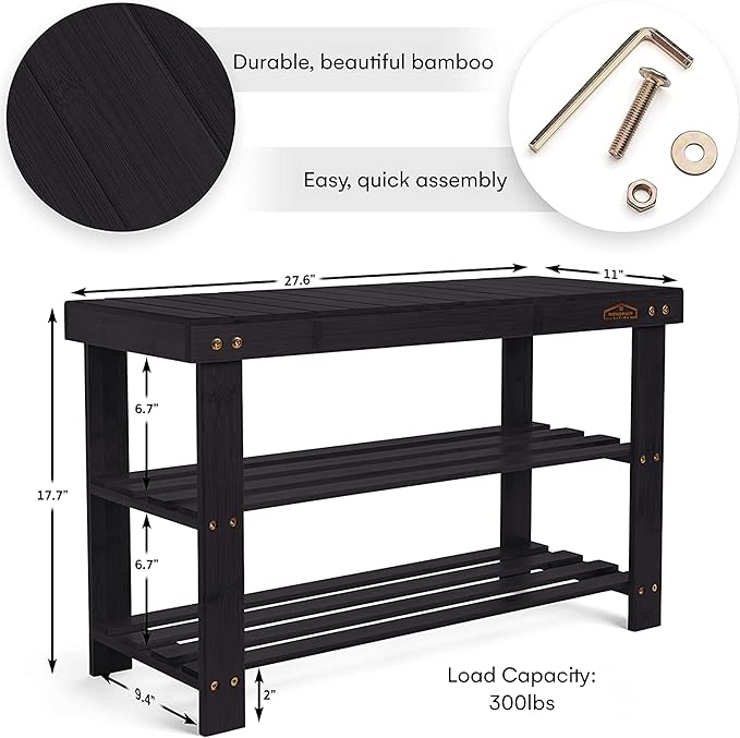 Homemaid Living Bamboo 3 Tier Shoe Rack Bench, Premium Shoe Organizer or Entryway Bench, Perfect for Shoe Cubby, Entry Bench, Bathroom Bench, Entryway Organizer, Hallway or Living Room(Black)