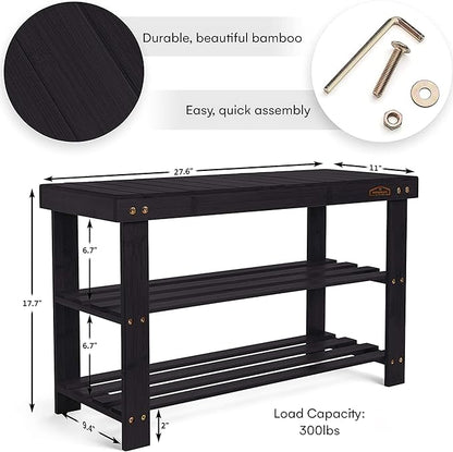 Homemaid Living Bamboo 3 Tier Shoe Rack Bench, Premium Shoe Organizer or Entryway Bench, Perfect for Shoe Cubby, Entry Bench, Bathroom Bench, Entryway Organizer, Hallway or Living Room(Black)