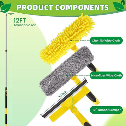 144'' Long Reach Window Squeegee with Telescoping Extension Pole,2 in 1 Shower Cleaning with Telescopic Pole,Extension Washing Tool with Rotatable Clean Head for Indoor/Outdoor High Window Glass
