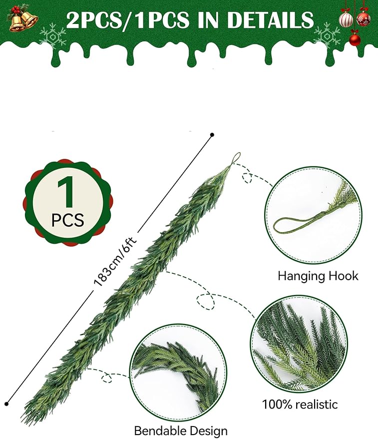 6ft Real Touch Christmas Garland Norfolk Pine, Realistic Artificial Christmas Garland, Faux Natural Greenery Garland for Table, Mantle, Stair Railings, Wall, Outdoor Christmas Decoration