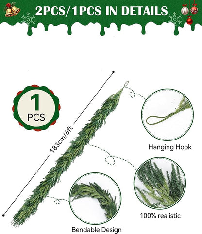 6ft Real Touch Christmas Garland Norfolk Pine, Realistic Artificial Christmas Garland, Faux Natural Greenery Garland for Table, Mantle, Stair Railings, Wall, Outdoor Christmas Decoration