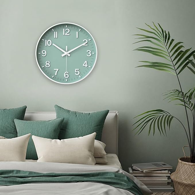 HZDHCLH Wall Clocks Battery Operated,Wall Clock Green,8 inch Wall Clock Silent Non Ticking Modern 3D Numbers for Kitchen Bedroom Living Room Office Classroom Decor