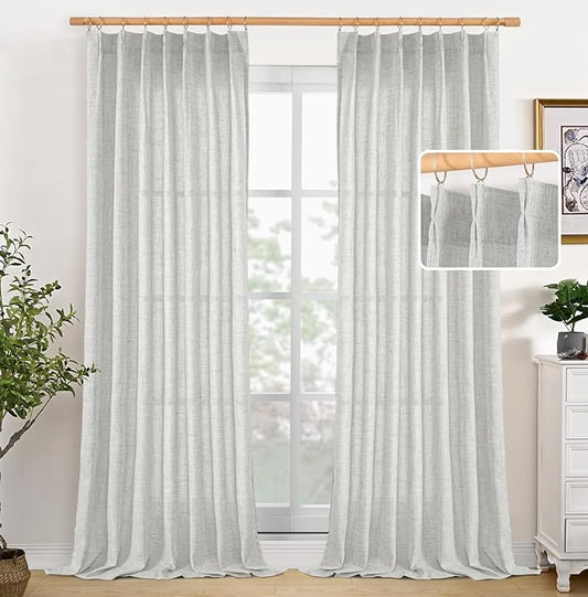 YoungsTex Linen Semi Sheer Curtains 90 Inch Length 2 Panels, Light Grey Light Filtering Window Drapes Privacy with Back Tab for Living Room Bedroom, 40 X 90 Inch