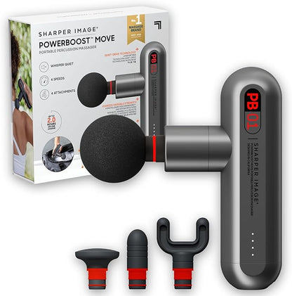 Sharper Image Percussion Massage Gun, Powerboost Move, Lightweight & Portable, 4 Attachments, 4 Speeds, Full Body Back & Shoulder Massager for Deep Tissue Muscle Recovery, Pain Relief & Soreness