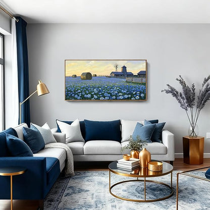 ARTZON Large Framed Wall Art for Living Room Farmhouse Blue Flower Barn Picture Country Sunset Floral Wildflower Landscape Canvas Print Nature Rustic Horizontal Artwork Bedroom Office Decor 48"×24"