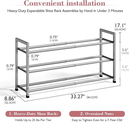 Bumusty 3-Tier Expandable Shoe Rack for Closet, 18“-33” Adjustable Shoe Rack for Small Space, Small Shoe Organizer for Front Door, Sturdy Metal, Light Grey