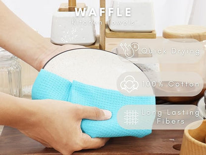 PurpleEssences Waffle Weave Kitchen Towel, 100% Cotton - 15 x 25 Inches, with Hanging Loop Ultra Soft Absorbent Quick Drying Dish Cloth, Tea and Hand Towels, 6 Pack - Fall Thanksgiving - Aqua Blue