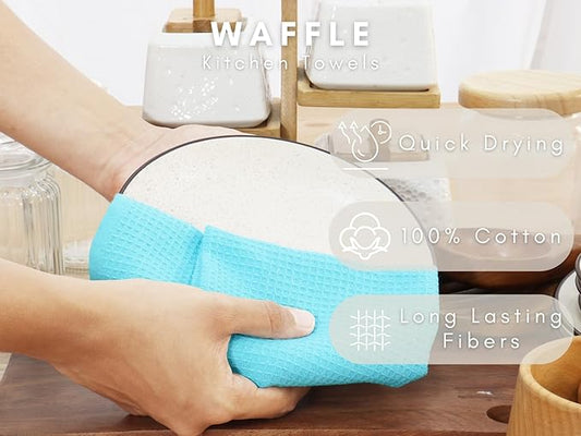 PurpleEssences Waffle Weave Kitchen Towel, 100% Cotton - 15 x 25 Inches, with Hanging Loop Ultra Soft Absorbent Quick Drying Dish Cloth, Tea and Hand Towels, 4 Pack -Fall Thanksgiving - Aqua Blue
