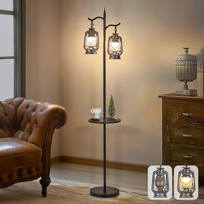 Farmhouse Floor lamp with Table, Double Head Vintage Floor Lantern, Standing lamp for Living Room，Bedroom, Rustic Floor Lamp with Silver Finish