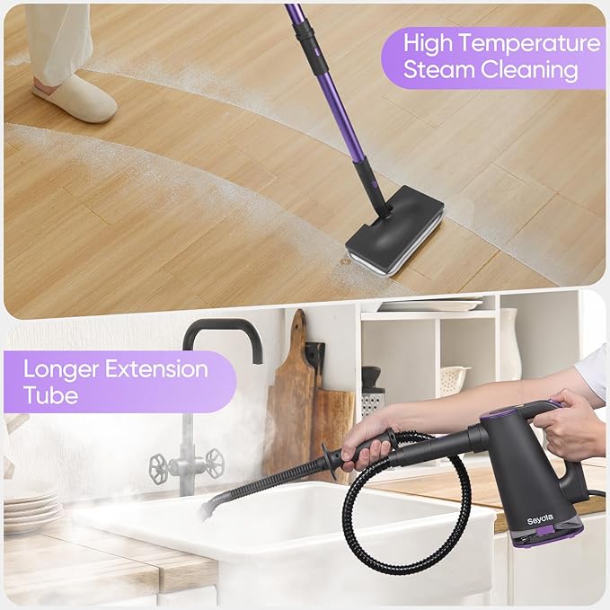 Steam Mop Cleaner for Hardwood Floor Cleaning, Hands-free Steamer Cleaner Handheld with 9-in-1 Multi-purpose Attachments for Bathroom, Windows, Sofas, Clothes, Tiles Grout (Purple-Grey)