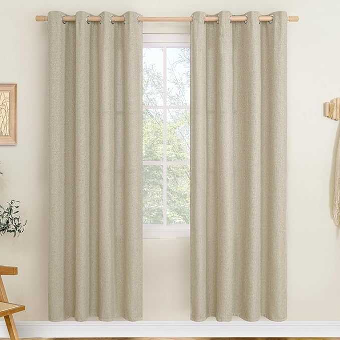 LAMIT Camel Linen Curtains for Living Room/Bedroom, 80 Inch Linen Textured Light Filtering Window Drapes Grommet Privacy Protected Panels for Farmhouse, 2 Panels, 52 x 80 Inch