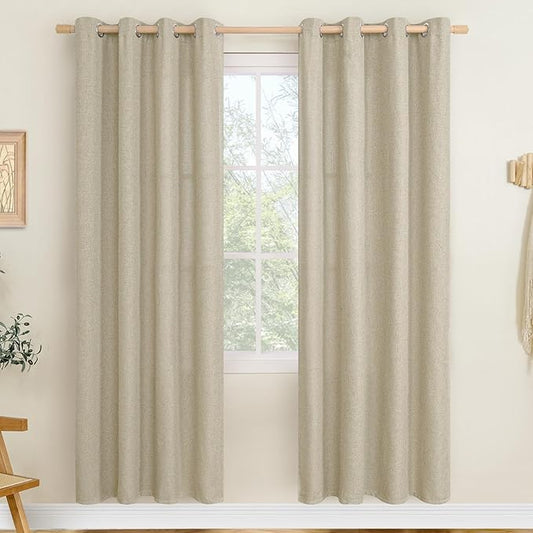 LAMIT Camel Linen Curtains for Living Room/Bedroom, 80 Inch Linen Textured Light Filtering Window Drapes Grommet Privacy Protected Panels for Farmhouse, 2 Panels, 52 x 80 Inch