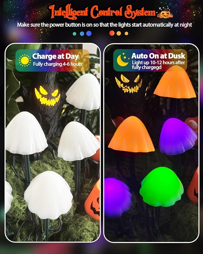 2PK 55FT 32LED Orange and Green Solar Mushroom Lights Outdoor, Solar String Light with 8 Lighting Modes Auto On/Off, Halloween Garden Lights for Witch Decorations