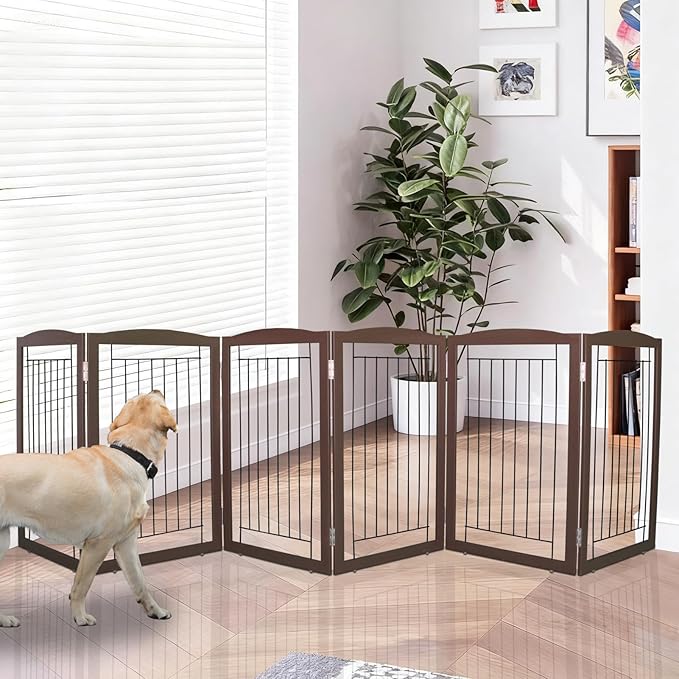 ZJSF Freestanding Foldable Dog Gate for House Extra Wide Wooden Brown Puppy Gate Stairs Dog Gates Doorways Tall Pet Gate 32 "Height 6 Panels Pet Fence