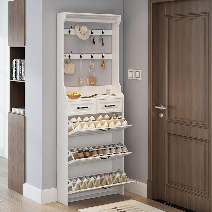 Vibe & Dine Shoe Cabinet, Entryway Shoe Storage Cabinet with 3 Flip Doors and 2 Drawers, 2-in-1 Wooden Shoe Rack Organizer with Coat Hooks for Hallway Cloakroom, White