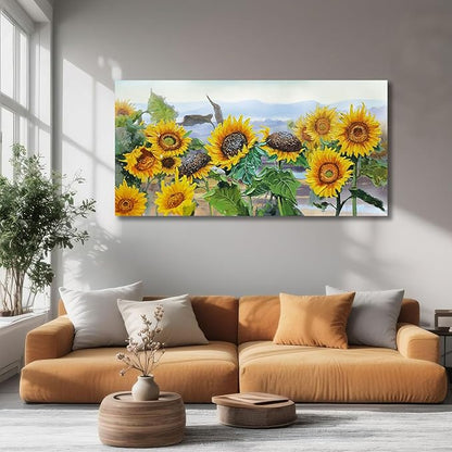 Ardemy Sunflower Wall Art Canvas Flowers Yellow Picture Rustic Floral Field Landscape Painting, Countryside Framed Artwork for Living Room Bedroom Dinnng Room Office Home Decor, Extra Large 58"x29"