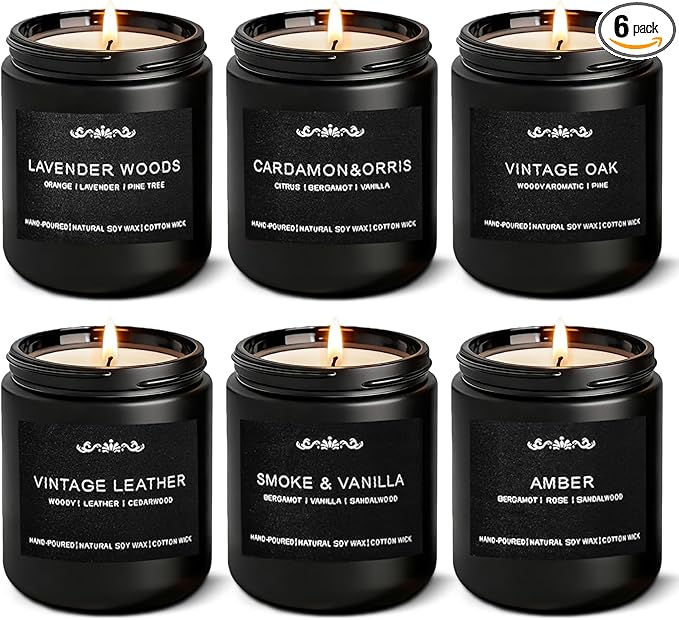 6 Pack Candles for Men - Mens Candle Gift Set, 42oz Scented Candles with Smoke Vanilla/Leather/Oak/Amber/Cardamom/Wood, 300 Hour Burn Time, Soy Candles Non-Toxic for Him, Home Office Man Cave Decor