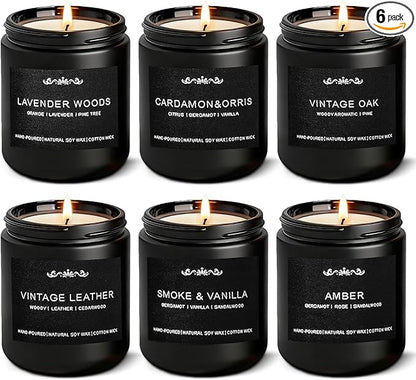 6 Pack Candles for Men - Mens Candle Gift Set, 42oz Scented Candles with Smoke Vanilla/Leather/Oak/Amber/Cardamom/Wood, 300 Hour Burn Time, Soy Candles Non-Toxic for Him, Home Office Man Cave Decor