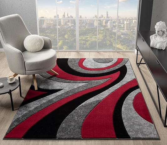 Ultra Soft Area Rug Hand Carved - Modern Abstract Design for Indoor Living Room & Bedroom - Stain Resistant, Easy to Clean - (2'7''x7, Red)