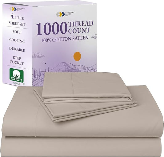 California Design Den Thick and Natural 100% Cotton Sheets Queen Size Set - Luxury 1000 Thread Count Sateen, Deep Pocket Queen Sheets, Soft, Breathable and Durable Bedding Set - Beige (Sand Tone)