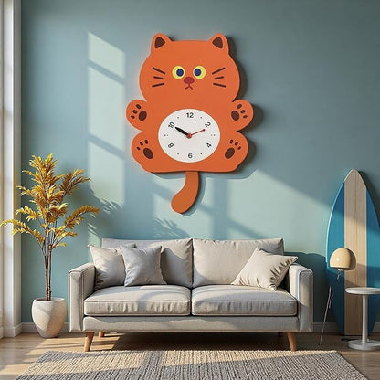 FASHION in THE CITY Adorable Cat Themed Swing Wall Clock - Silent Non-Ticking Pendulum Clock, Easy to Read Analog Clock for Cat Lovers, Nursery, Kitchen, Cute Home Decor Gift (YBZ001-Brown)