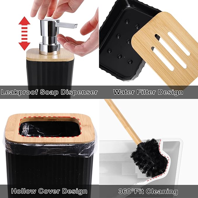 Bathroom Sets with Shower Curtain and Rugs,Black Bathroom Set with Bathroom Trash Can,Soap Dispenser,Toilet Brush,Toothbrush Set,Qtip Holders for Housewarming