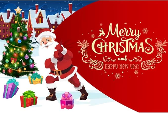 YongFoto Merry Christmas Backdrop 12x10ft Christmas Tree Santa Claus's Gift Snow Town Photography Background Happy New Year Xmas Eve Family Party Banner Room Decor Photoshoot Wallpaper Photo Booth