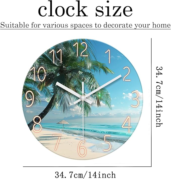 XFM Beach Wall Clock Silent Non-Ticking Battery Operated Clocks 14 Inch Blue Ocean Tropical Palm Tree Wall Clock Decorative for Living Room Kitchen Bedroom Office